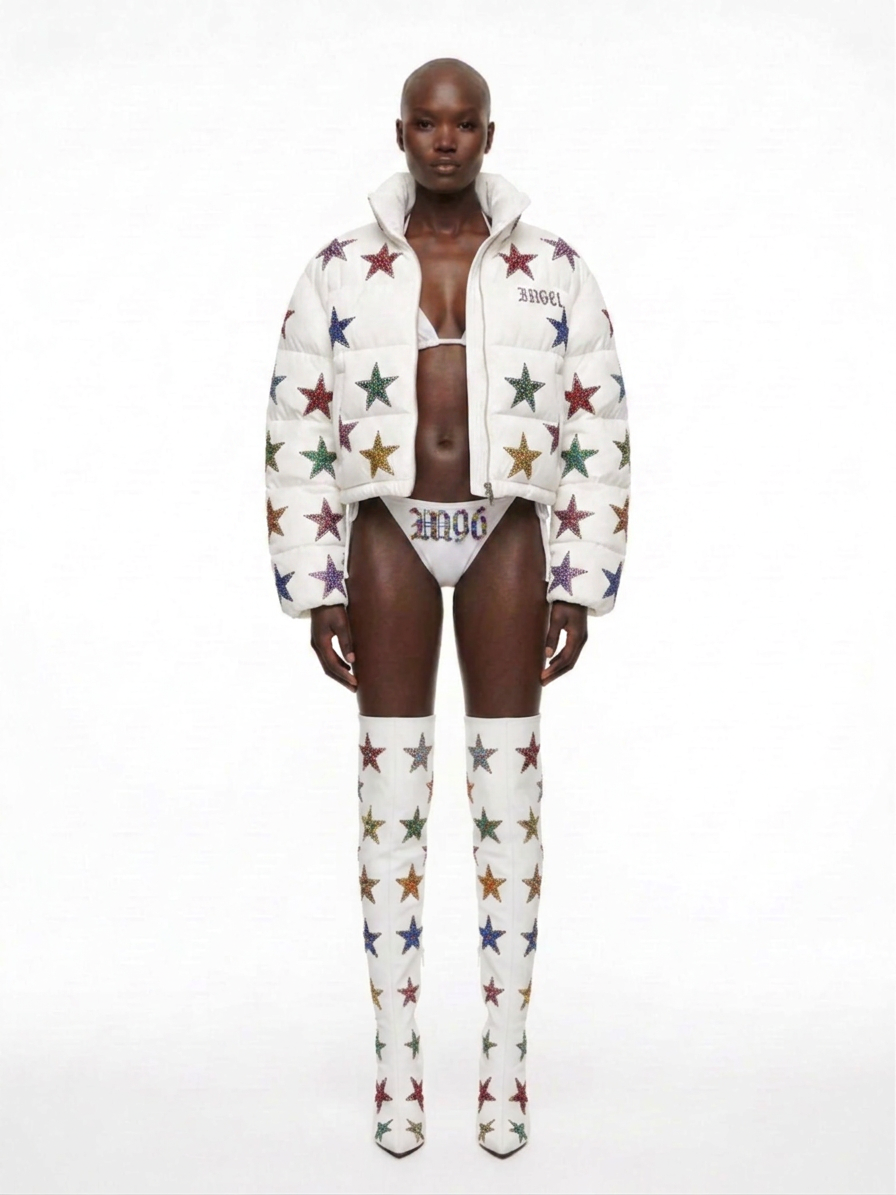 M96 STAR STUDDED WHITE PUFFER COAT
