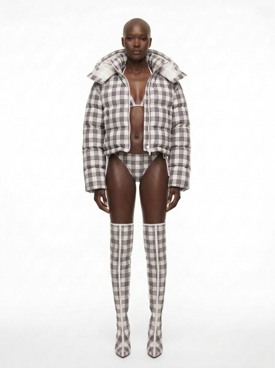 M96 WHITE PLAID PUFFER COAT
